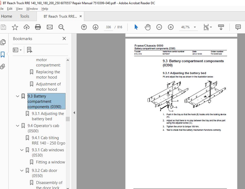 BT Reach Truck RRE 140160180200250 6070557 Repair Manual 7510399 040 3