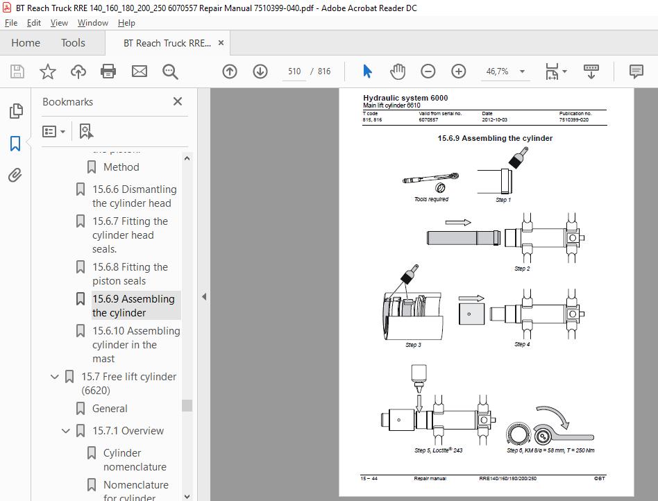 BT Reach Truck RRE 140160180200250 6070557 Repair Manual 7510399 040 4