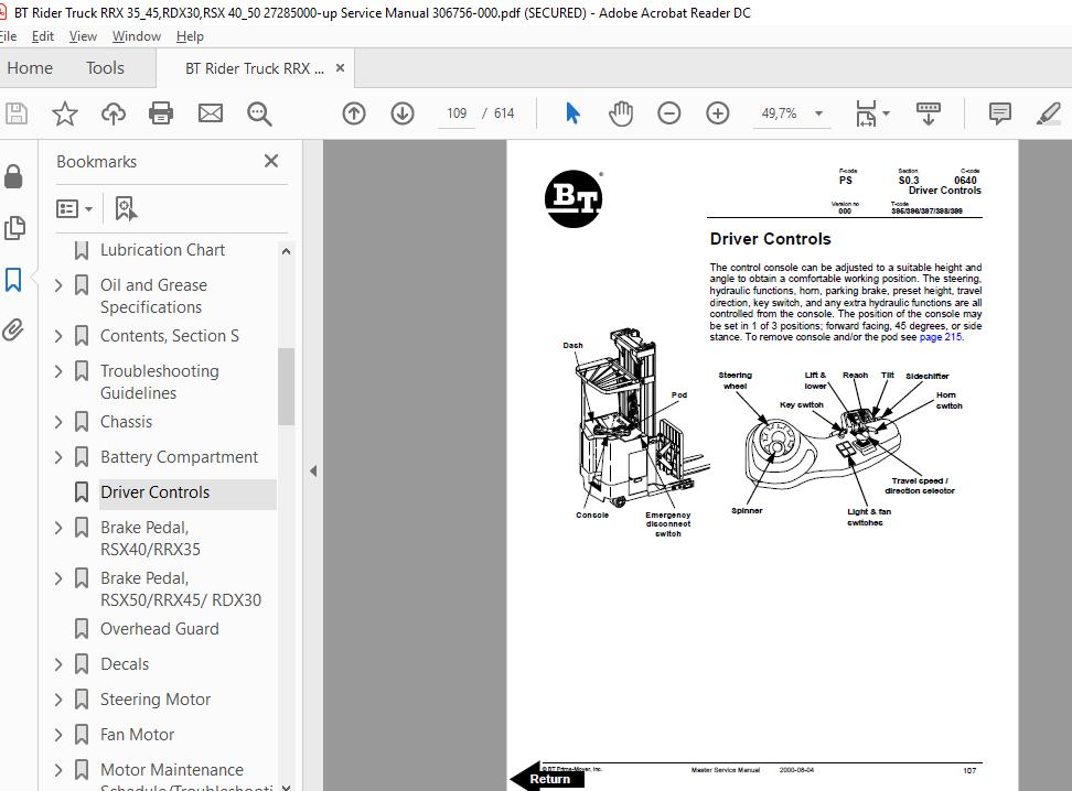 BT Rider Truck RRX 3545RDX30RSX 4050 27285000 up Service Manual 306756 000 2