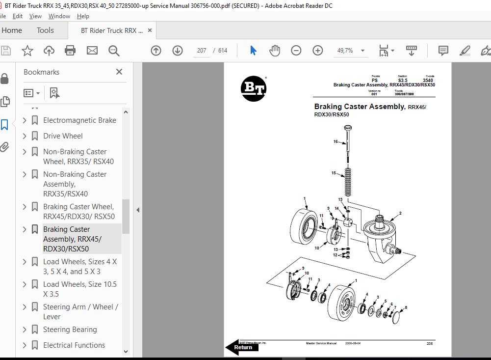 BT Rider Truck RRX 3545RDX30RSX 4050 27285000 up Service Manual 306756 000 3