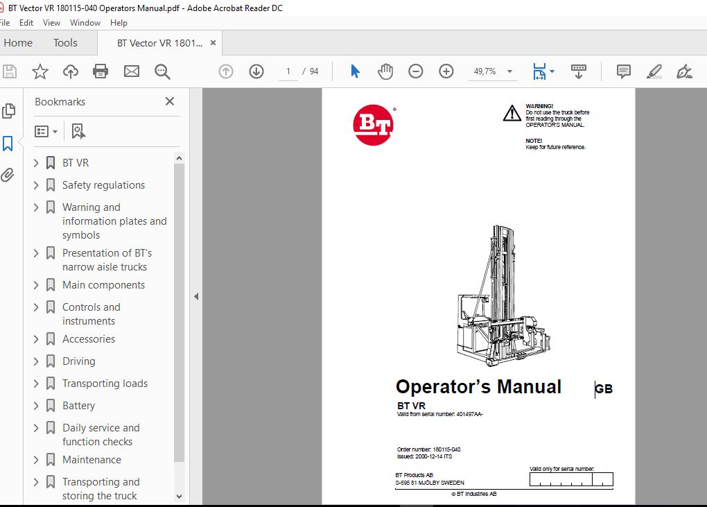 BT Vector VR 180115 040 Operators Manual 1