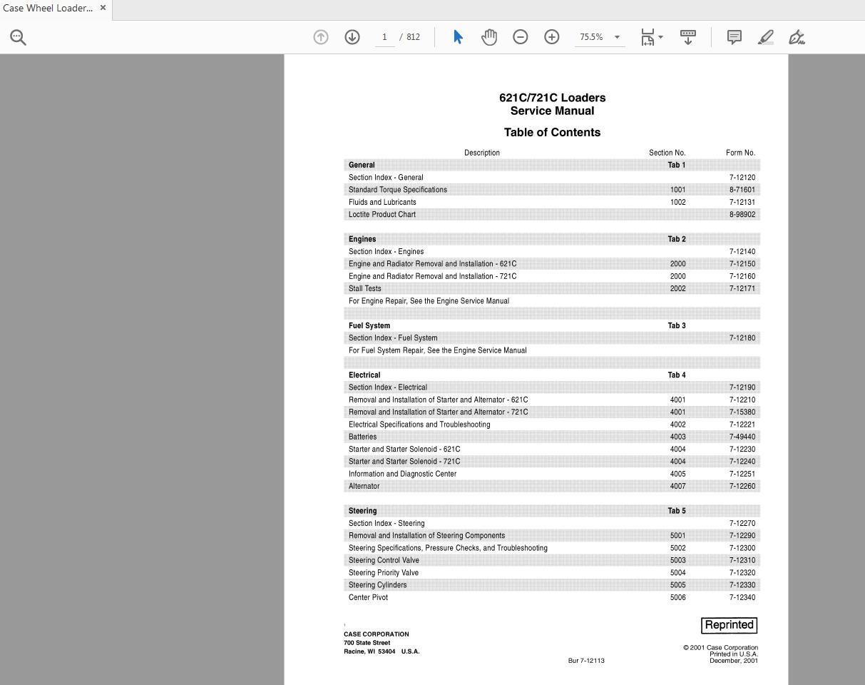 Case Wheel Loader 621C721C Service Manual Bur 7 12073R0 1
