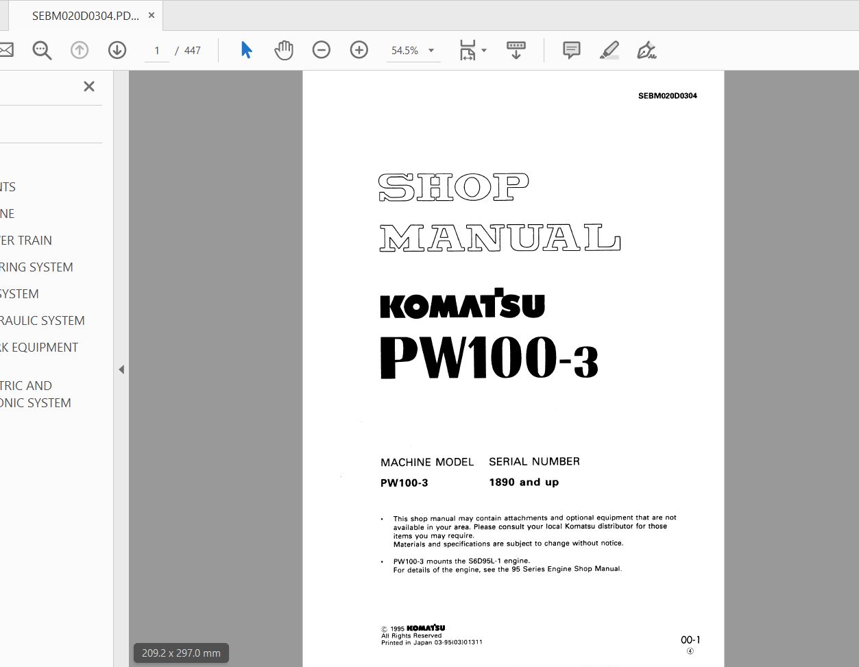 Komatsu wheel Excavator PW100 3 1890 and up Shop ManualSEBM020D0304 1
