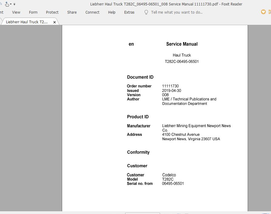 Liebherr Haul Truck T282C06495 06501008 Service Manual 11111730 1