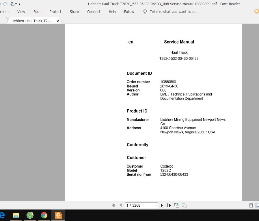 Liebherr Haul Truck T282C532 06430 06433008 Service Manual 10880890 1