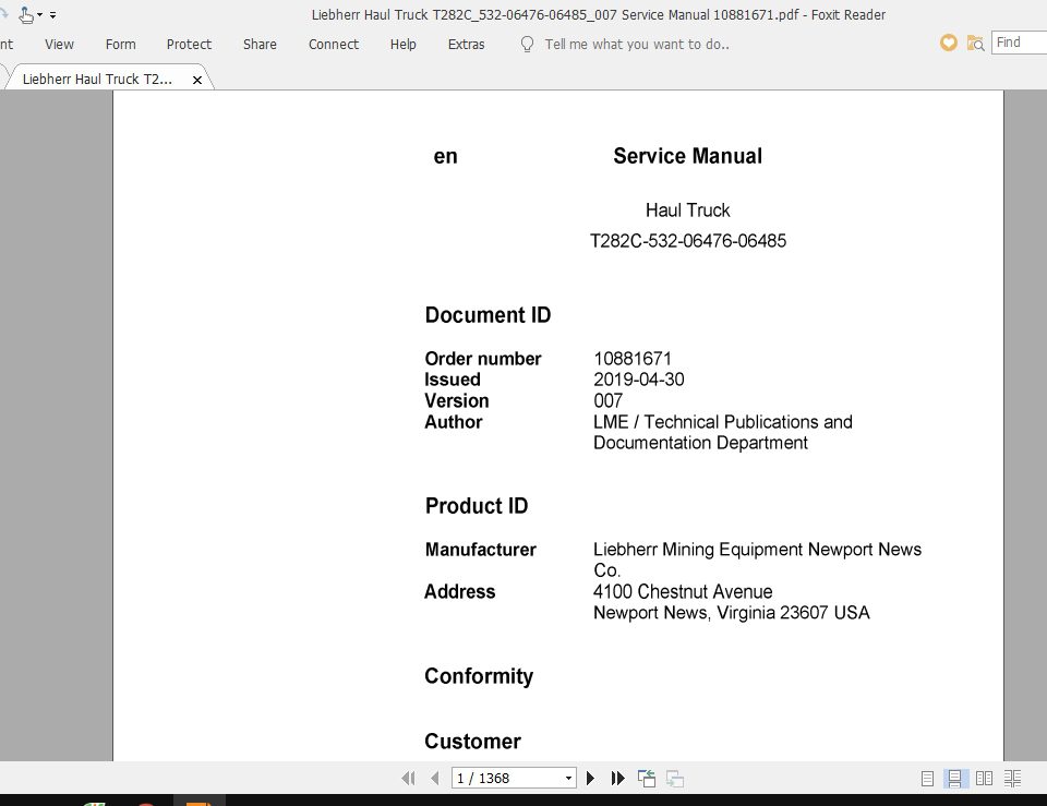 Liebherr Haul Truck T282C532 06476 06485007 Service Manual 10881671 1