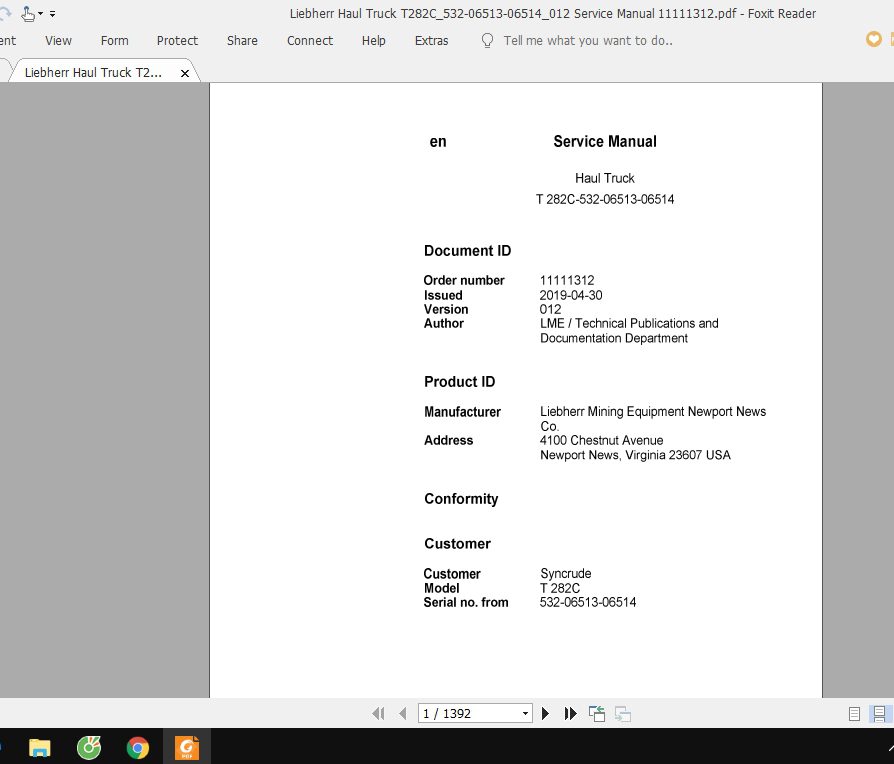 Liebherr Haul Truck T282C532 06513 06514012 Service Manual 11111312 1 1