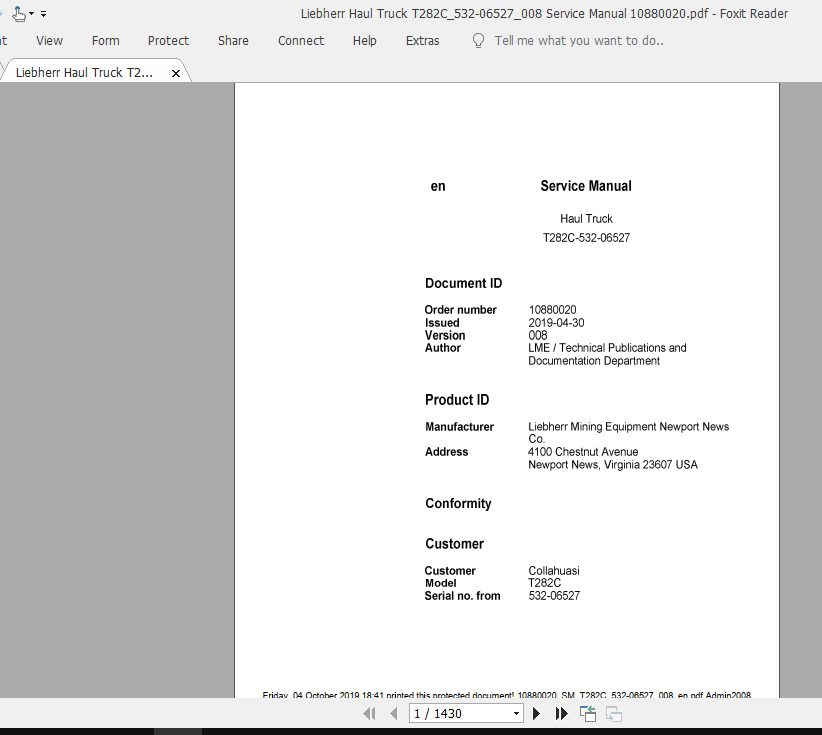 Liebherr Haul Truck T282C532 06527008 Service Manual 10880020 1