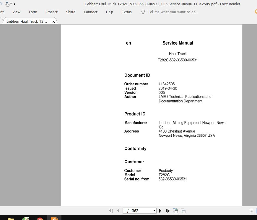 Liebherr Haul Truck T282C532 06530 06531005 Service Manual 11342505 1