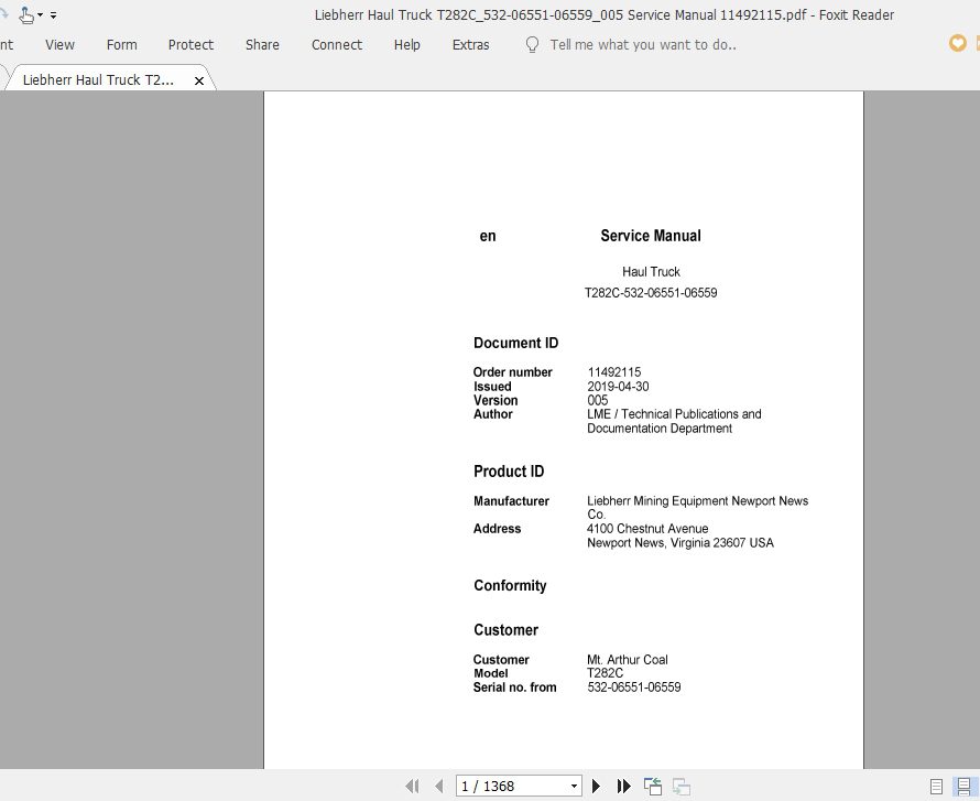 Liebherr Haul Truck T282C532 06551 06559005 Service Manual 11492115 1