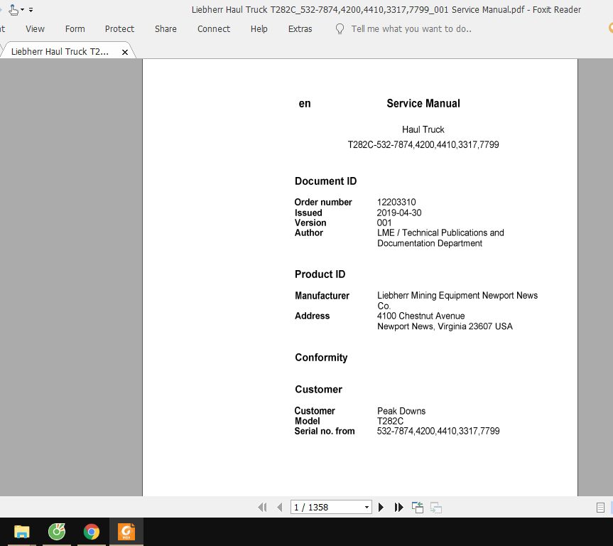 Liebherr Haul Truck T282C532 78744200441033177799001 Service Manual 1
