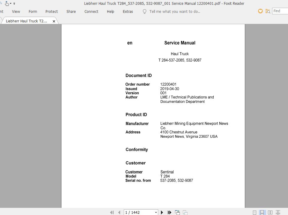 Liebherr Haul Truck T284537 2085 532 9087001 Service Manual 12200401 1