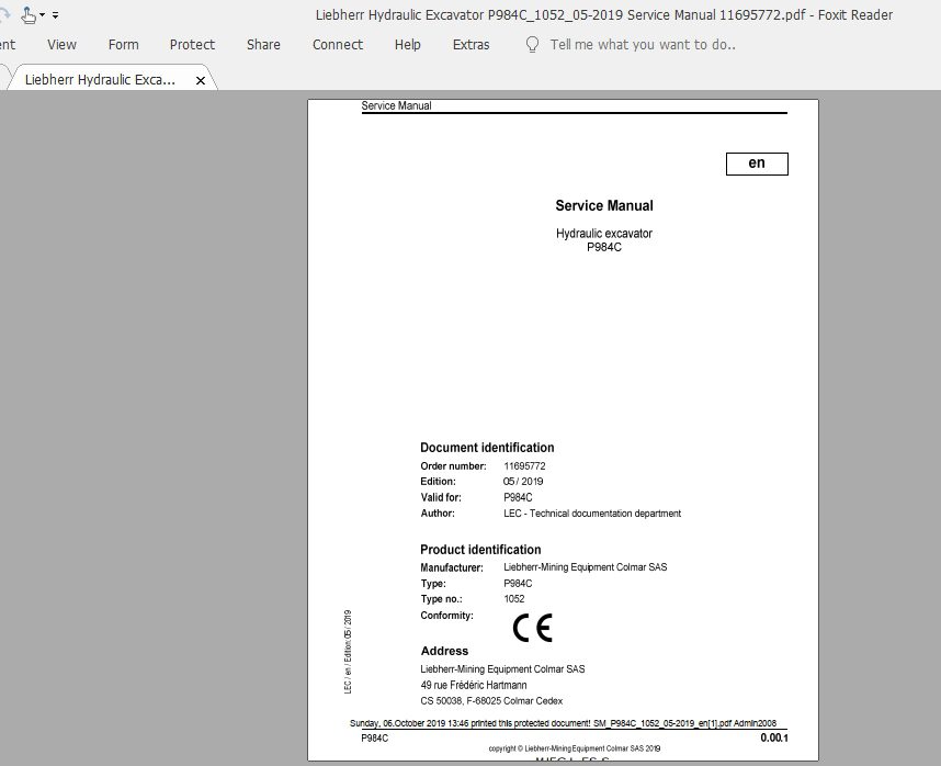 Liebherr Hydraulic Excavator P984C105205 2019 Service Manual 11695772 1