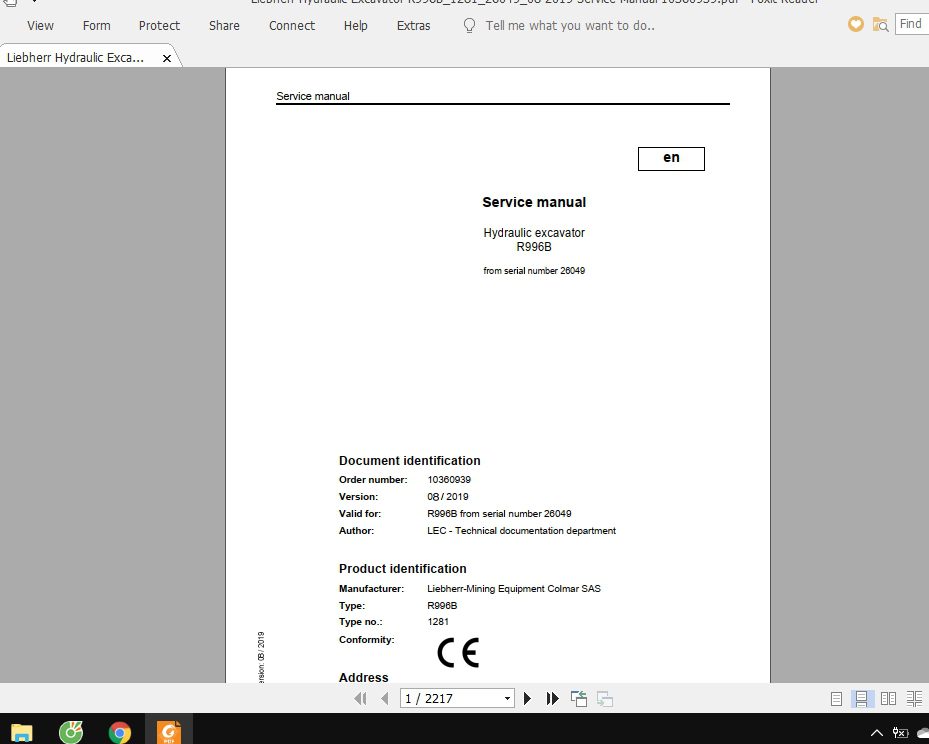 Liebherr Hydraulic Excavator R996B12812604908 2019 Service Manual 10360939 1