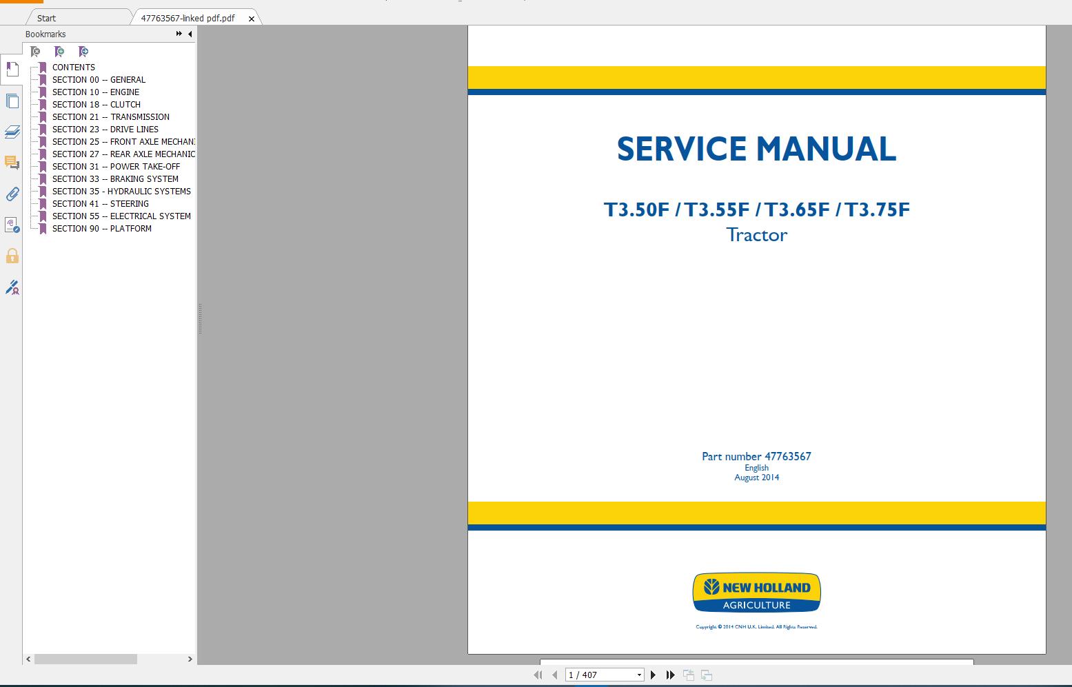 New Holland T350F T355F T366F T375F Tractor Service Manual