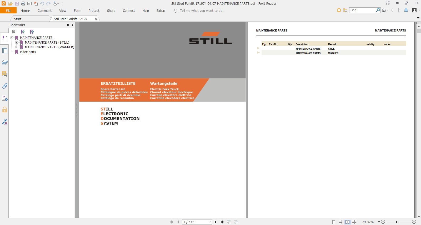Still Sted Forklift 171974 0407 MAINTENANCE PARTS 1