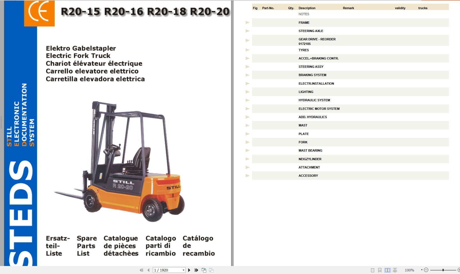 Still Steds Forklift Truck Electric All R20 Series 2019 Spare Parts Catalog EN 3
