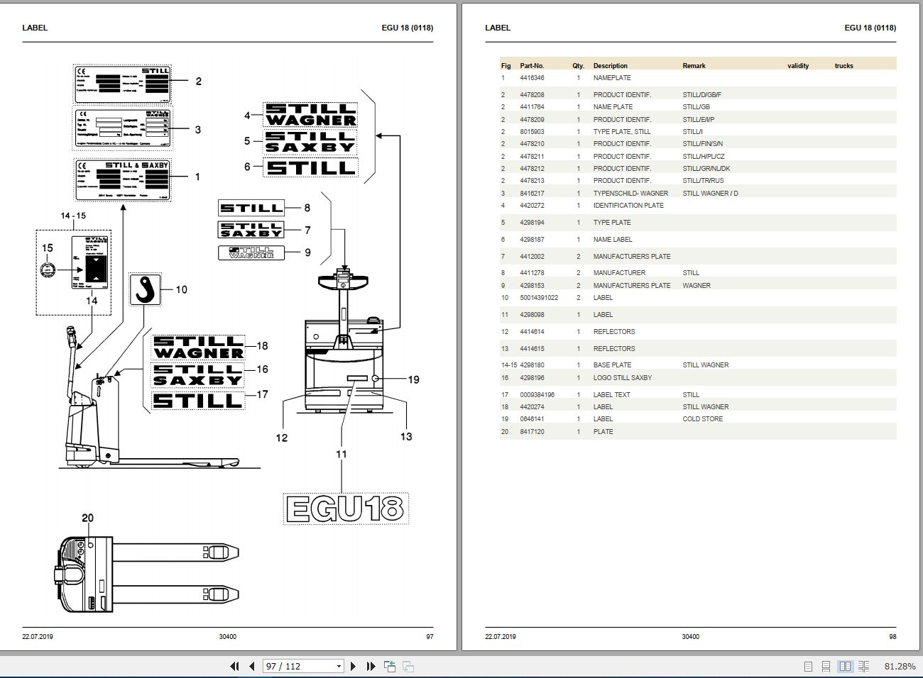 Still Steds Forklift Truck Electric Pallet EGU All Series 2019 Part Catalog EN 1