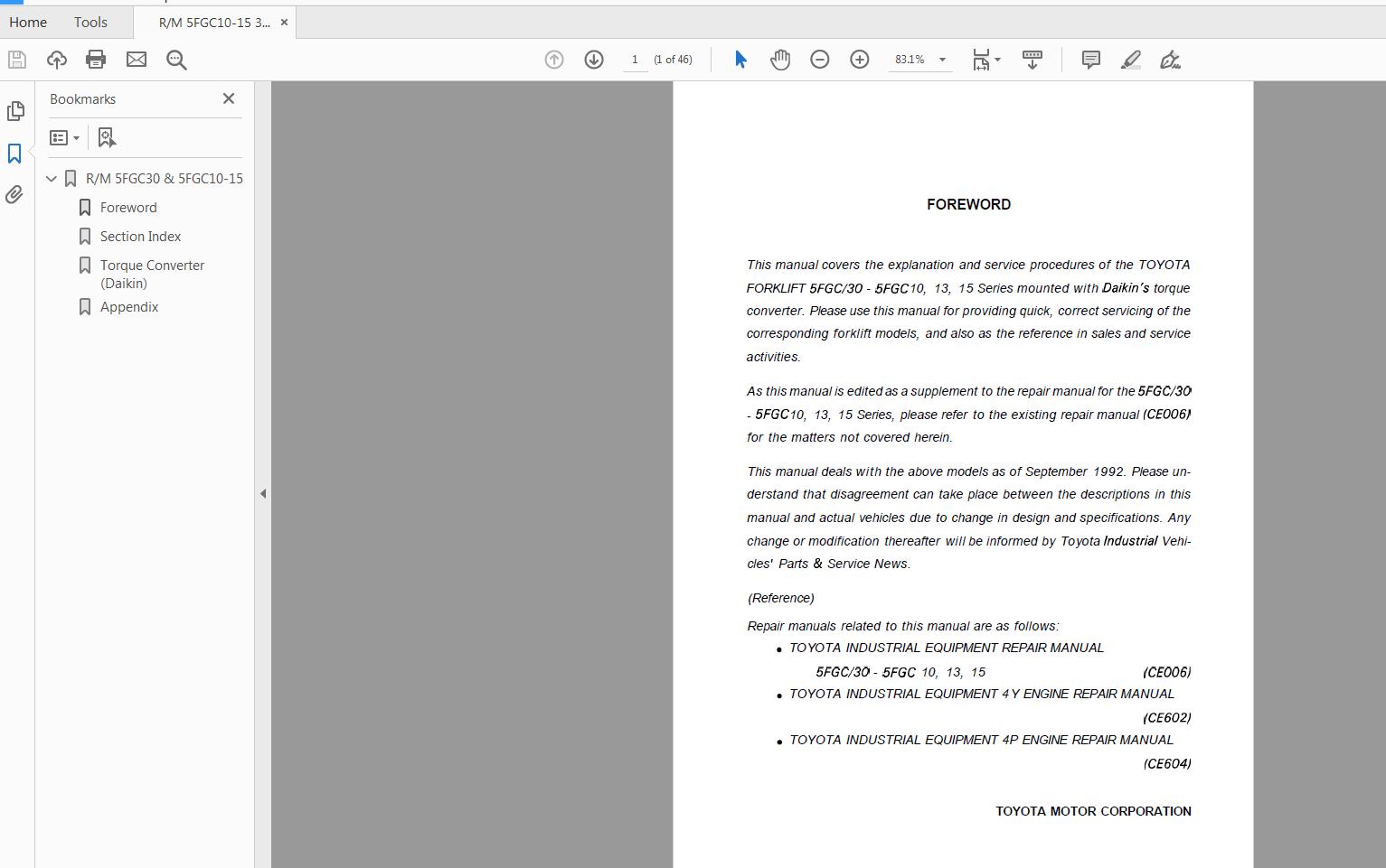 Toyota Forklift 5FGC 30 5FGC101315 Series Repair Manual 1