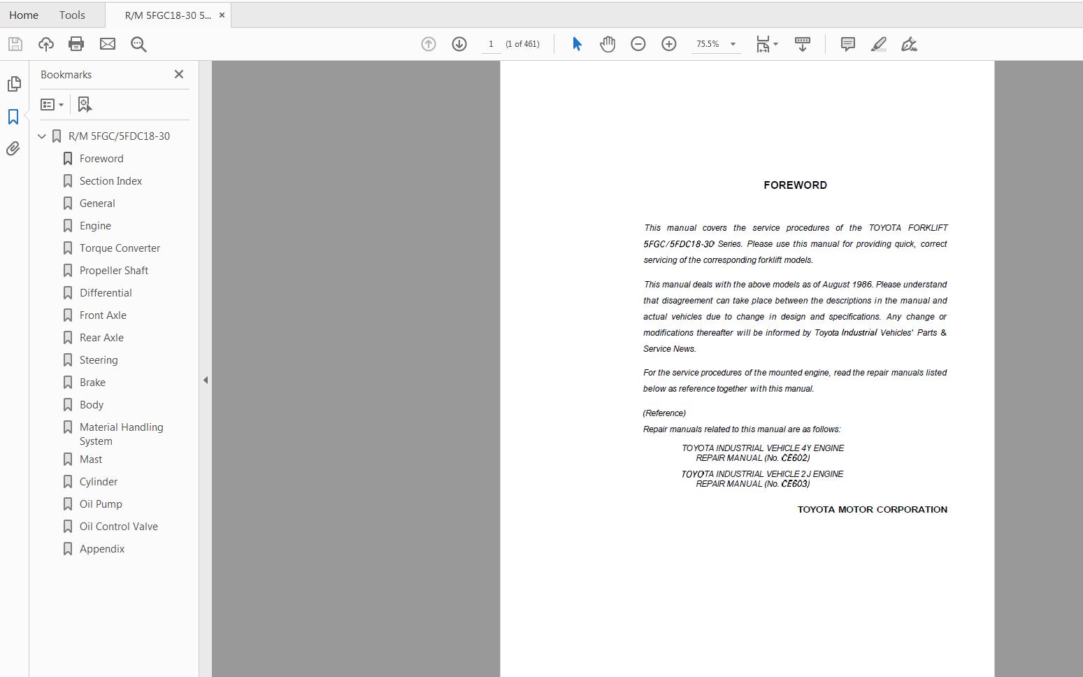 Toyota Forklift 5FGDC18 30 Series Repair Manual CE004 1