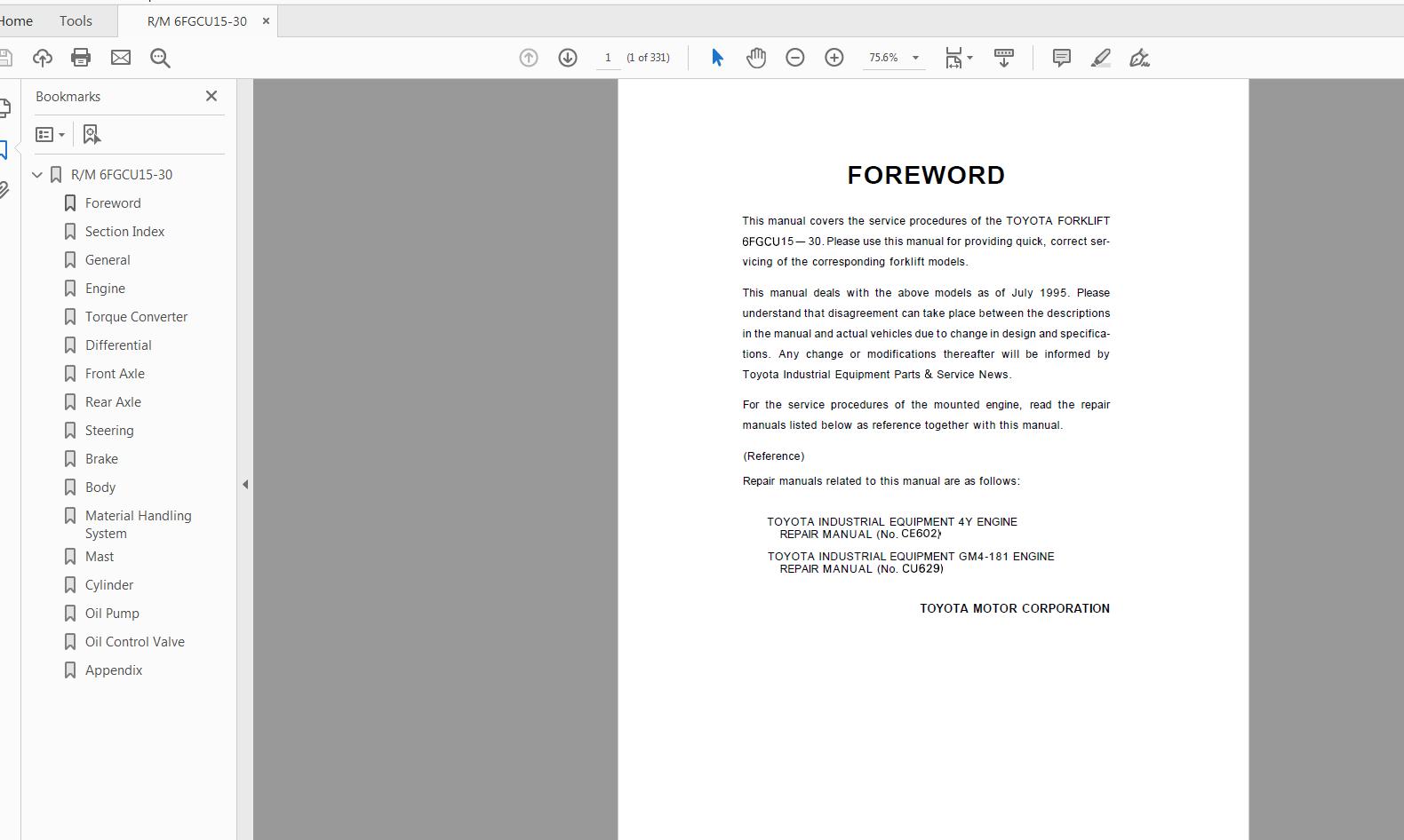 Toyota Forklift 6FGCU15 30 Repair Manual CU015 C 1