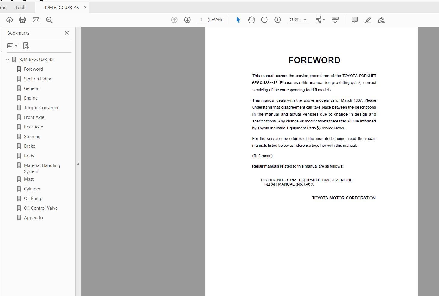 Toyota Forklift 6FGCU33 45 Series Repair Manual CU021 1