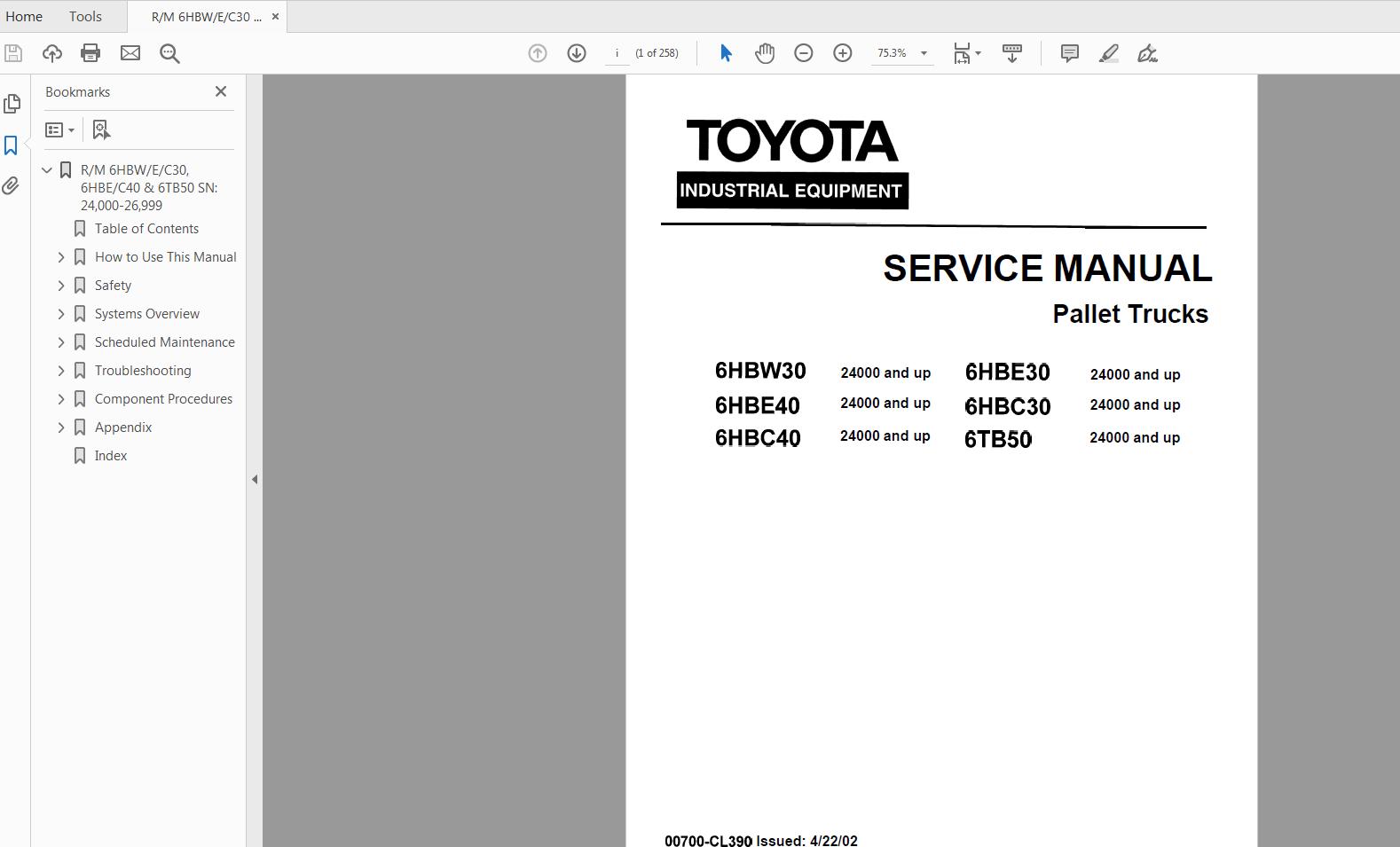 Toyota Forklift 6HBW306HBE30 406HBC30 406TB50 Service Parts Manual CL390 2