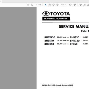 Toyota Pallet Trucks Series 8HBW30 8HBE3040 8HBC40 8TB50 36001 and up Service Manual 00700 CL398 07 1