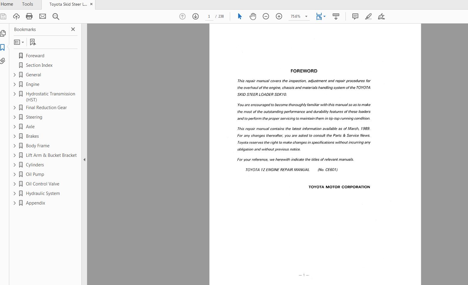 Toyota Skid Steer Loader SDK10 Repair Manual CE616 1