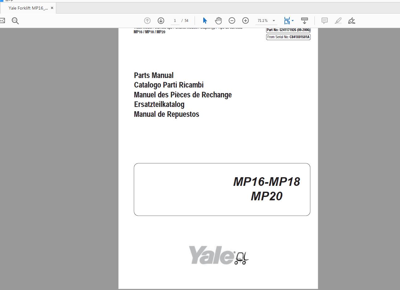 Yale Forklift MP16MP18MP20 5241171926 Parts Manual09 2006 1