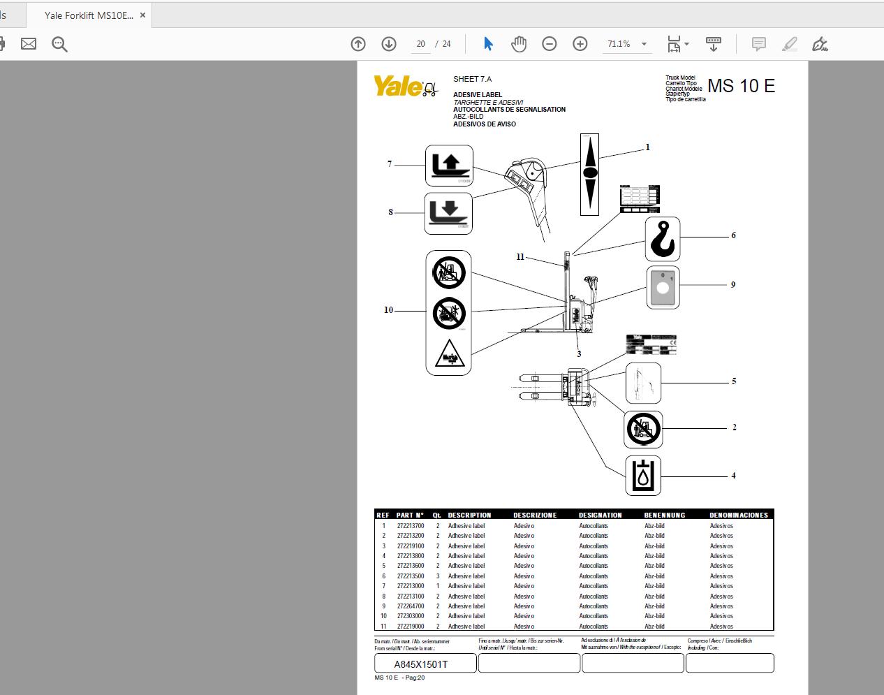 Yale Forklift MS10E 258979903 Parts Manual05 2006 4