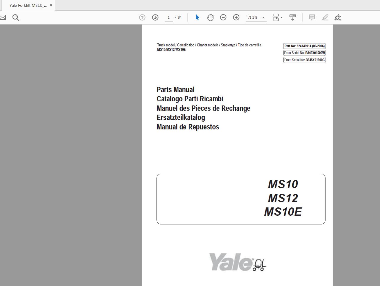 Yale Forklift MS10MS12MS10E 524148914 Parts Manual092006 1