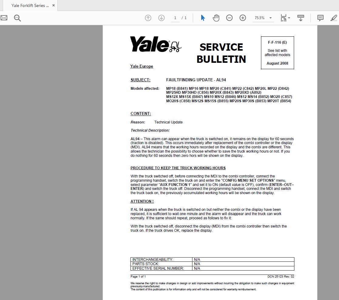 Yale Forklift Service Information Bulletins 6