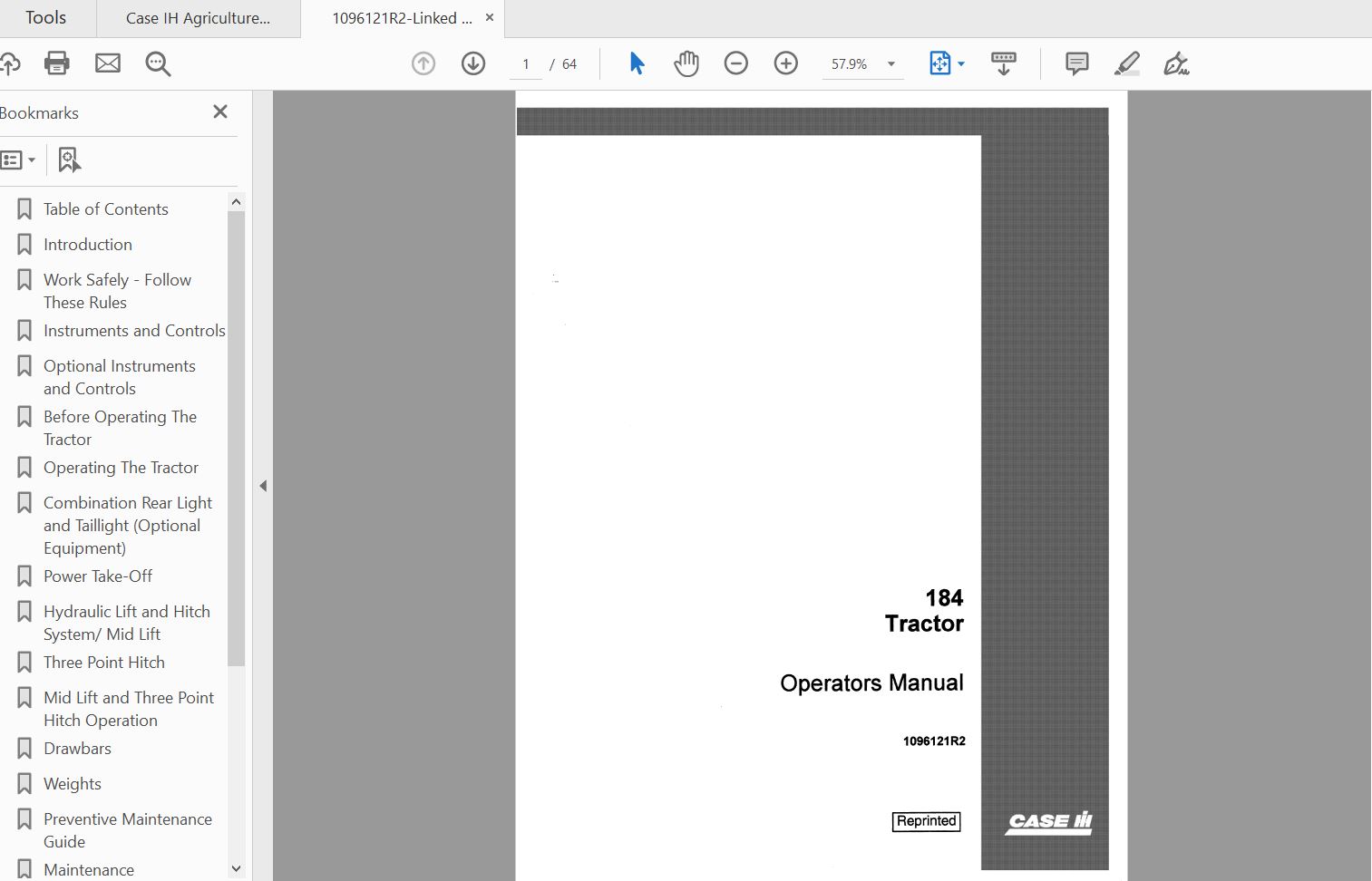 Case IH Tractor 184 Operators Manual1096121R2 1