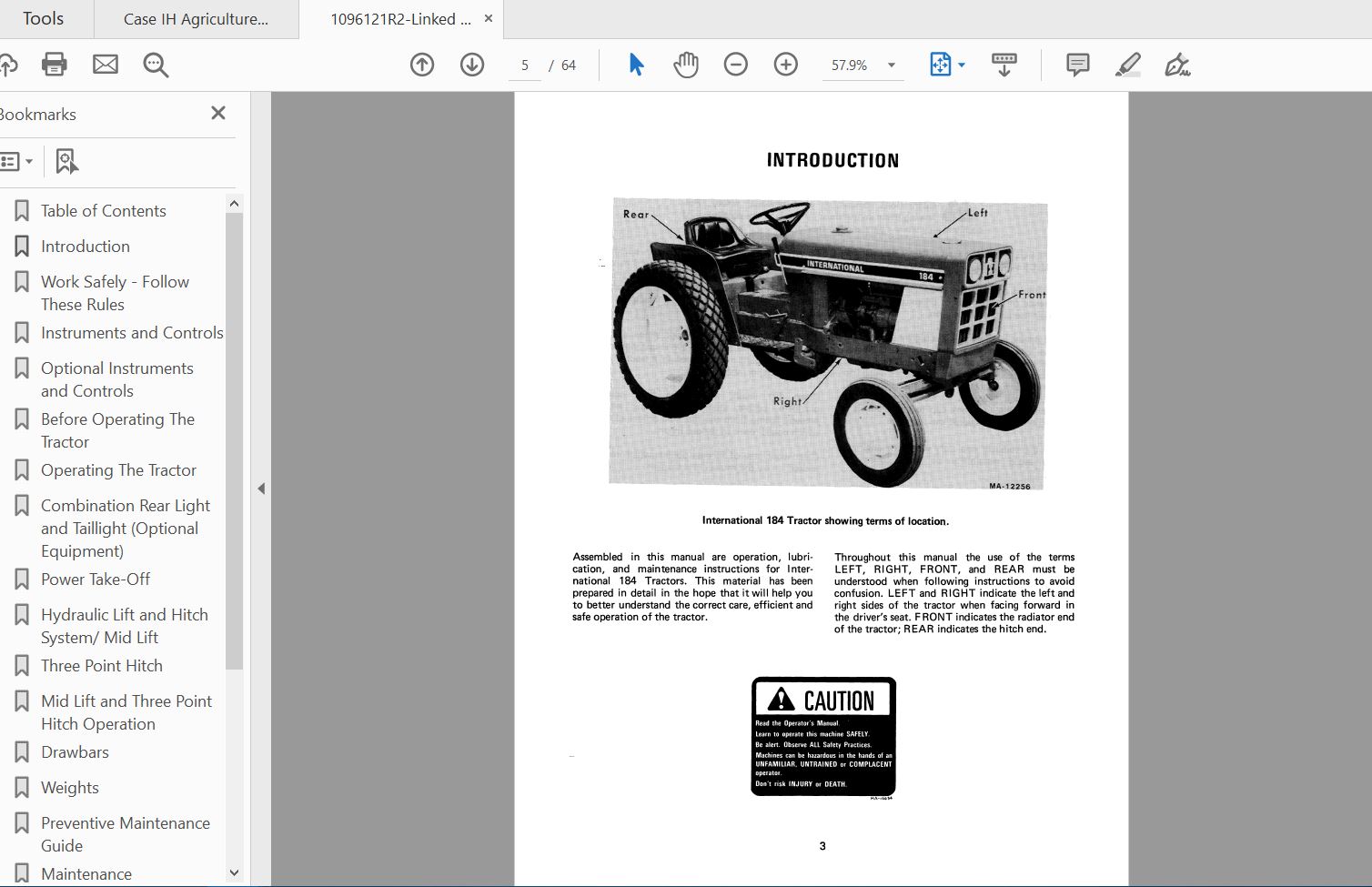 Case IH Tractor 184 Operators Manual1096121R2 2