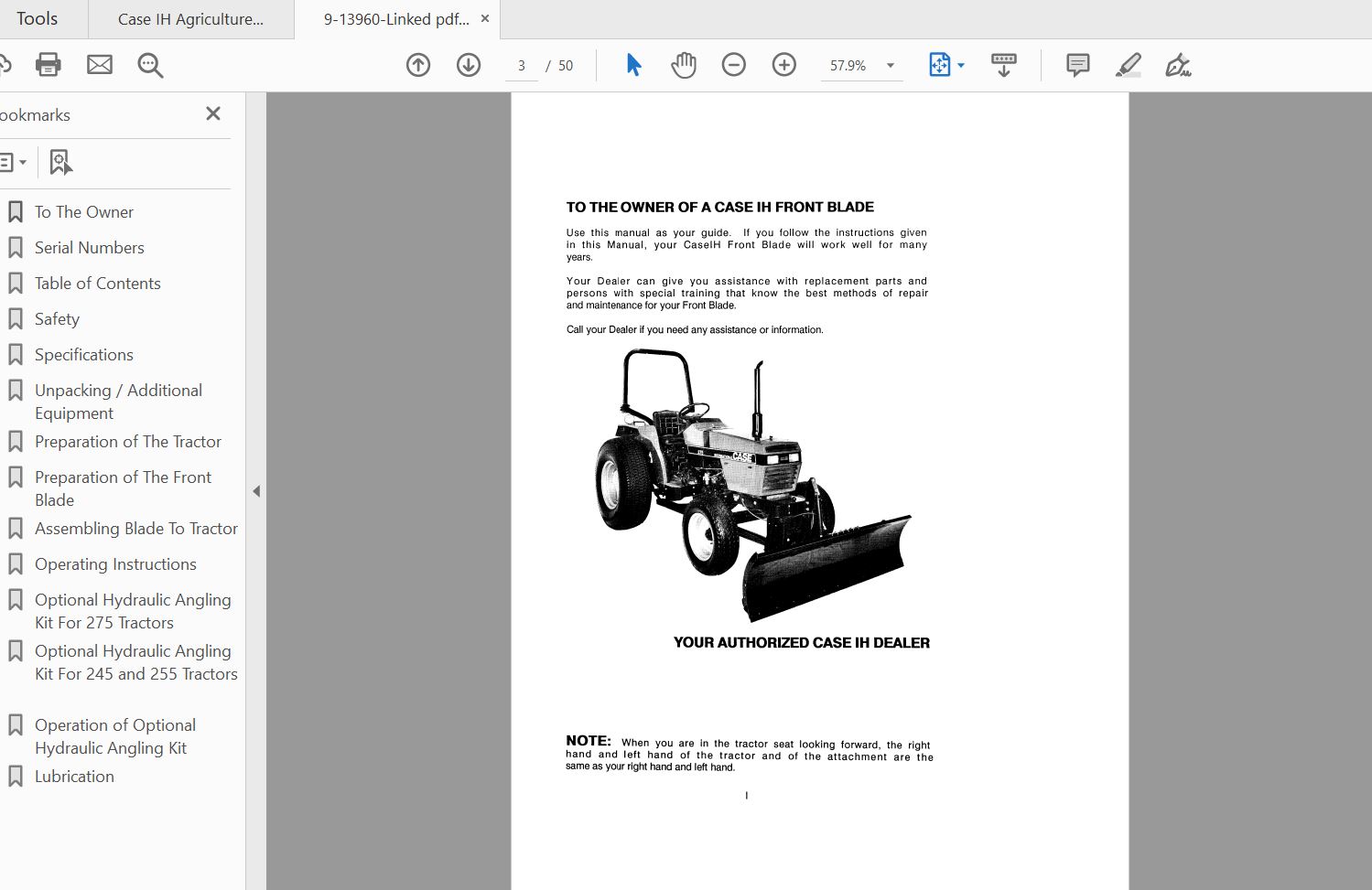 Case IH Tractor 72F Front Blade Operators Manual9 13960 2