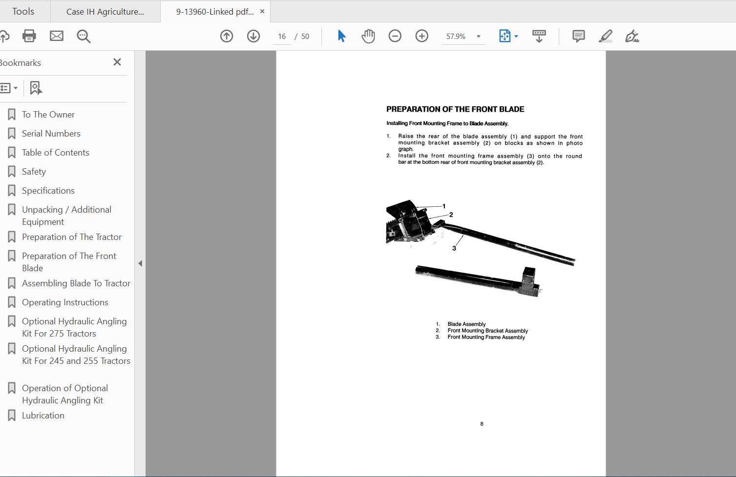 Case IH Tractor 72F Front Blade Operators Manual9 13960 3