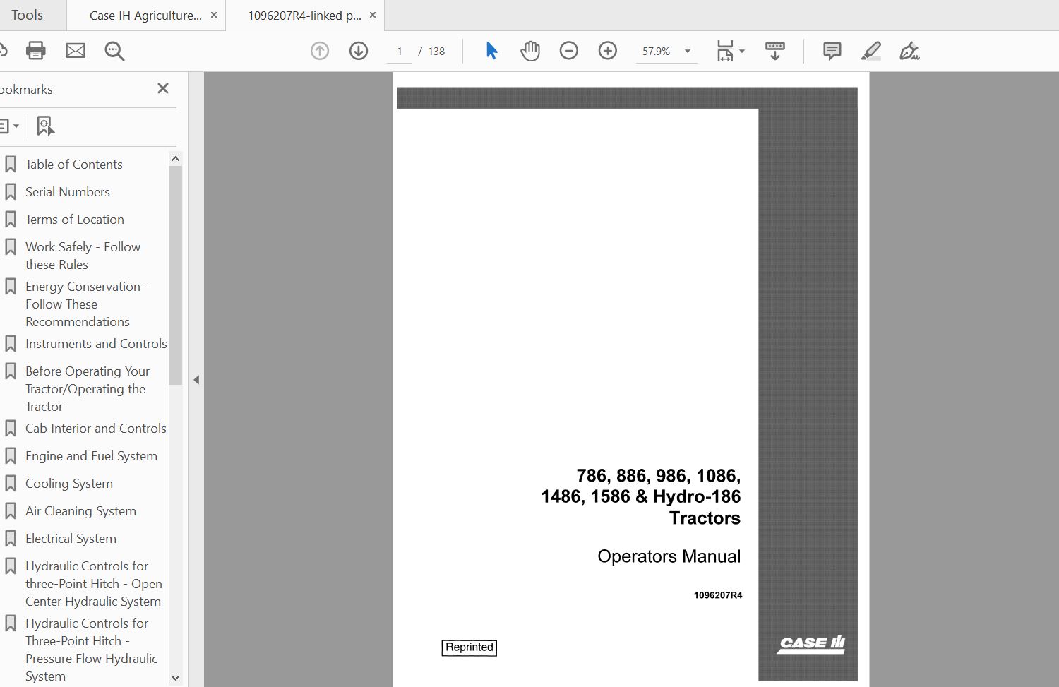 Case IH Tractor 786 886 986 1086 1486 1586 and Hydro 186 Operators Manual1096207R4 1