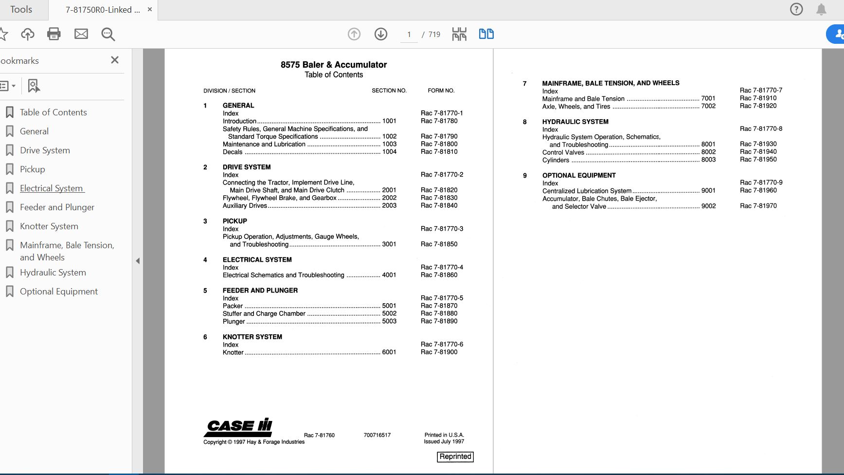 Case IH Tractor 8575 Square Baler Accumulat COMPLETE Service Manual7 81750R0 1