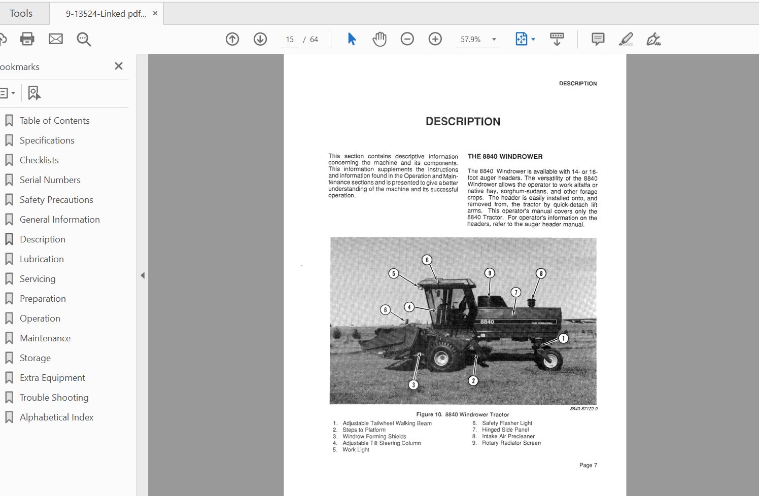 Case IH Tractor 8840 Windrower CFH0031001 thru CFH0031440 Operators Manual9 13524 2