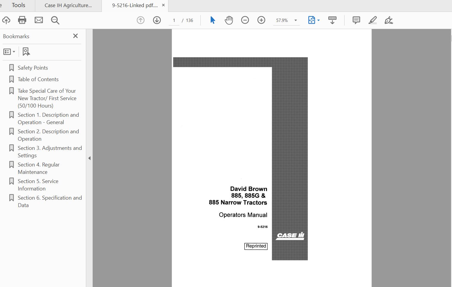 Case IH Tractor 885 885g 885 Narrow Gas David Brown Operators Manual9 5216 1