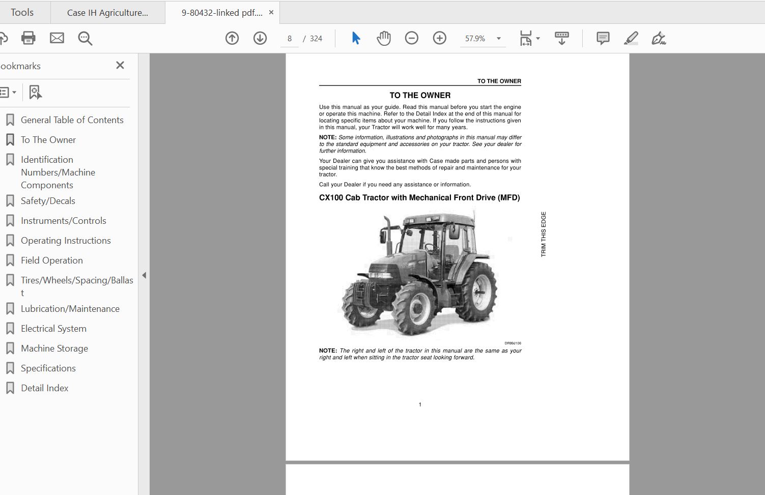 Case IH Tractor CX50 CX60 CX70 CX80 CX90 CX100 Operators Manual9 80432 2