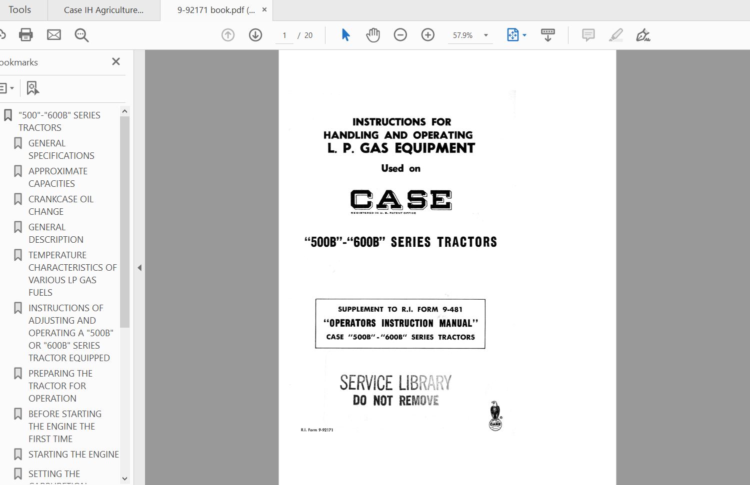 Case IH Tractor Case 500B600B LPG Equipment Operators Manual9 92171 1
