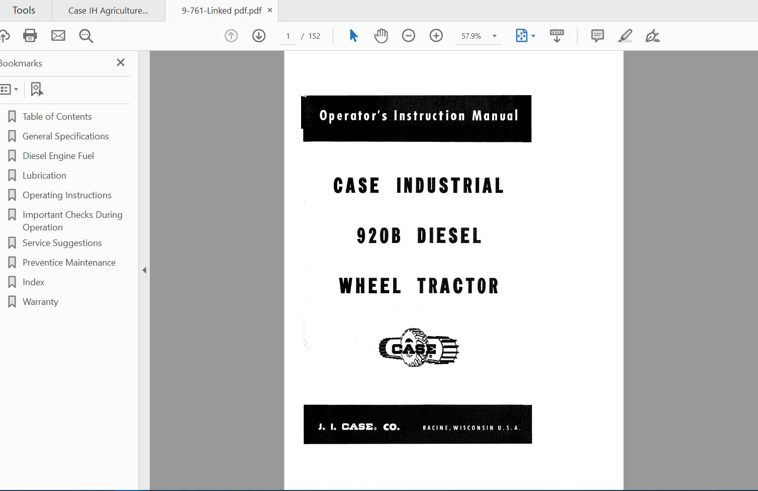 Case IH Tractor Case Industrial 920B Diesel Wheel Operators Manual9 761 1