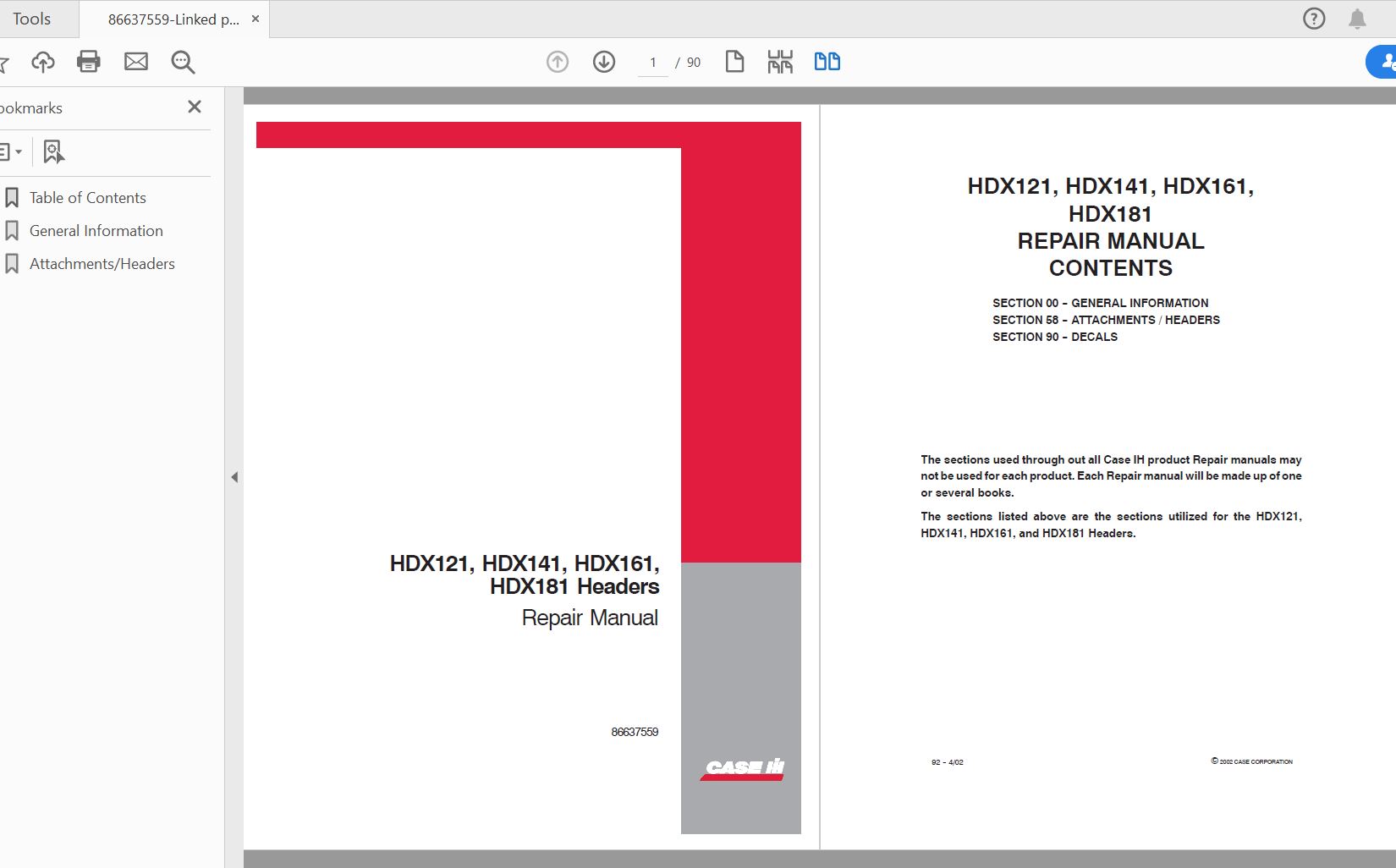 Case IH Tractor HDX121HDX141HDX161HDX181 Headers Service Manual86637559 1