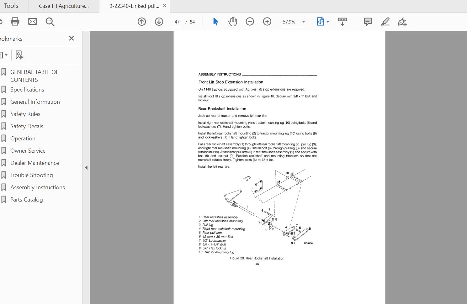 Case IH Tractor M160 Mower For 1130 1140 Tractors Parts Cat too Operators Manual9 22340 4