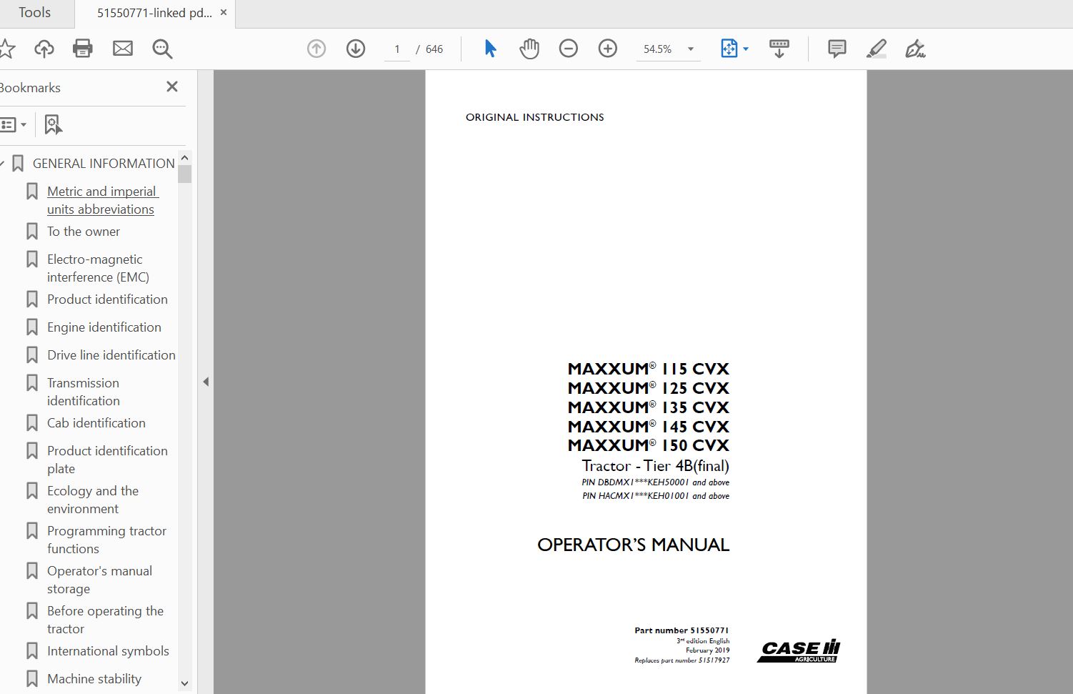 Case IH Tractor MAXXUM 115125135145150 CVX Tier 4B Operators Manual51550771 1