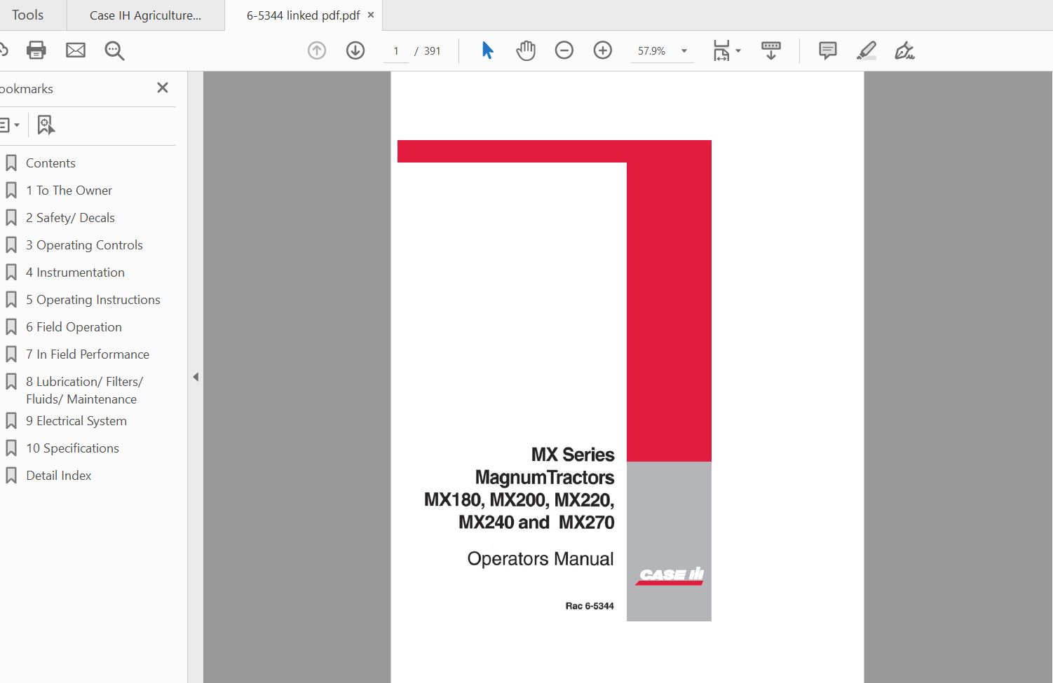 Case IH Tractor MX180 MX200 MX220 MX240 MX270 Series Operators Manual6 5344 1