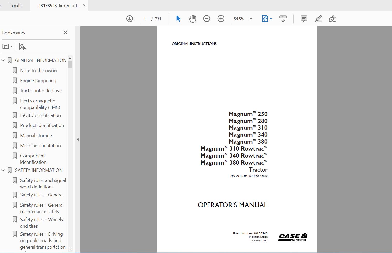 Case IH Tractor Magnum 250280310340380Magnum 310340380 Rowtrac Operators Manual48158543 1