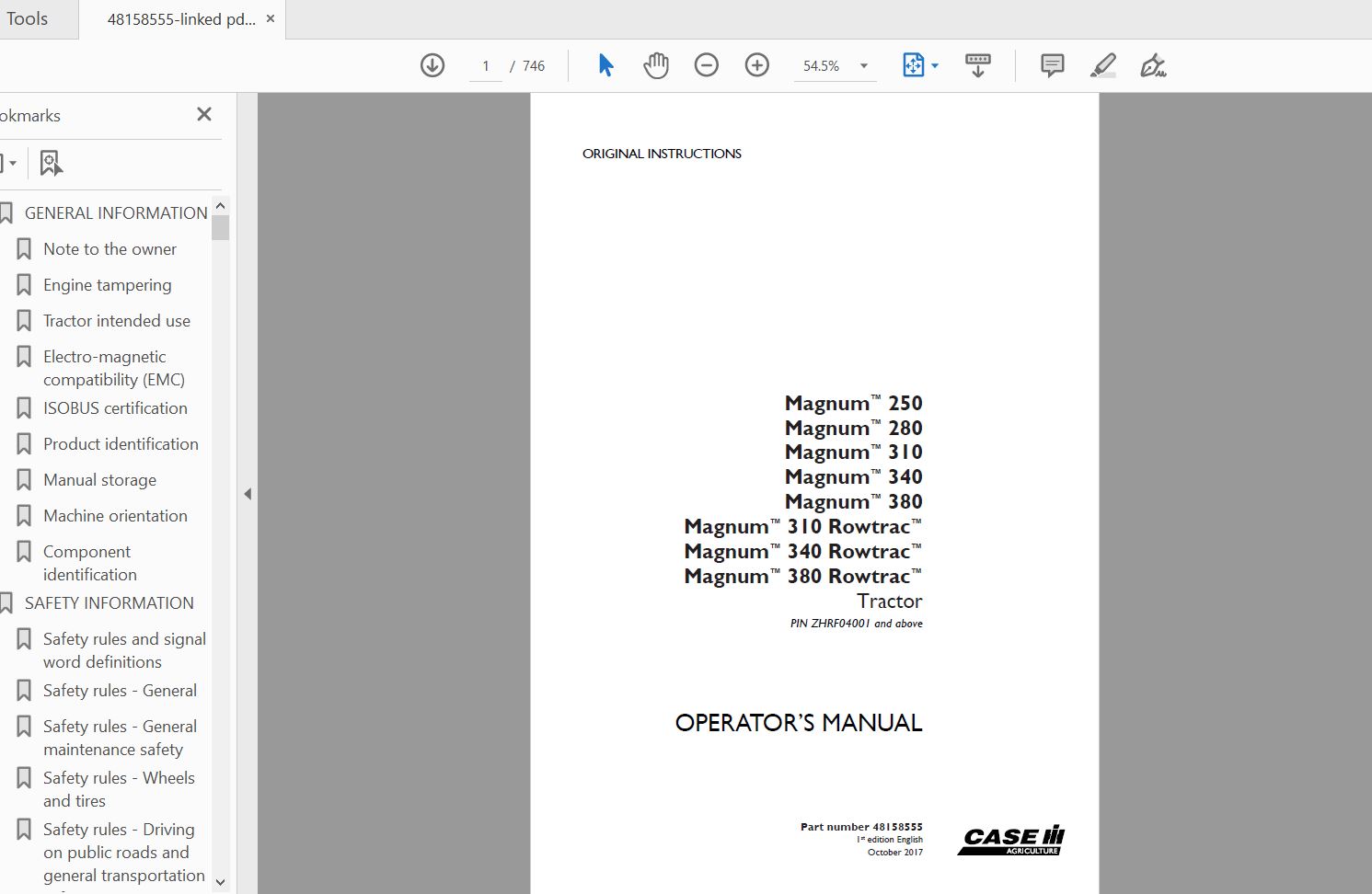 Case IH Tractor Magnum 250280310340380Magnum 310340380 Rowtrac Operators Manual48158555 1